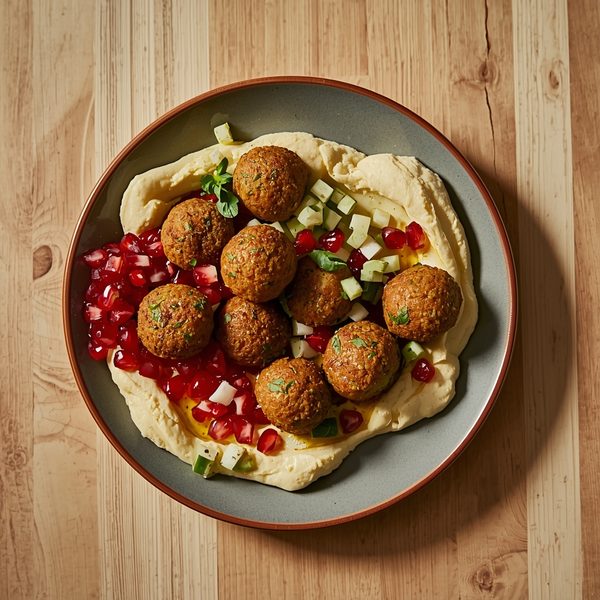 Falafel på hummus med granatäpple och gurka