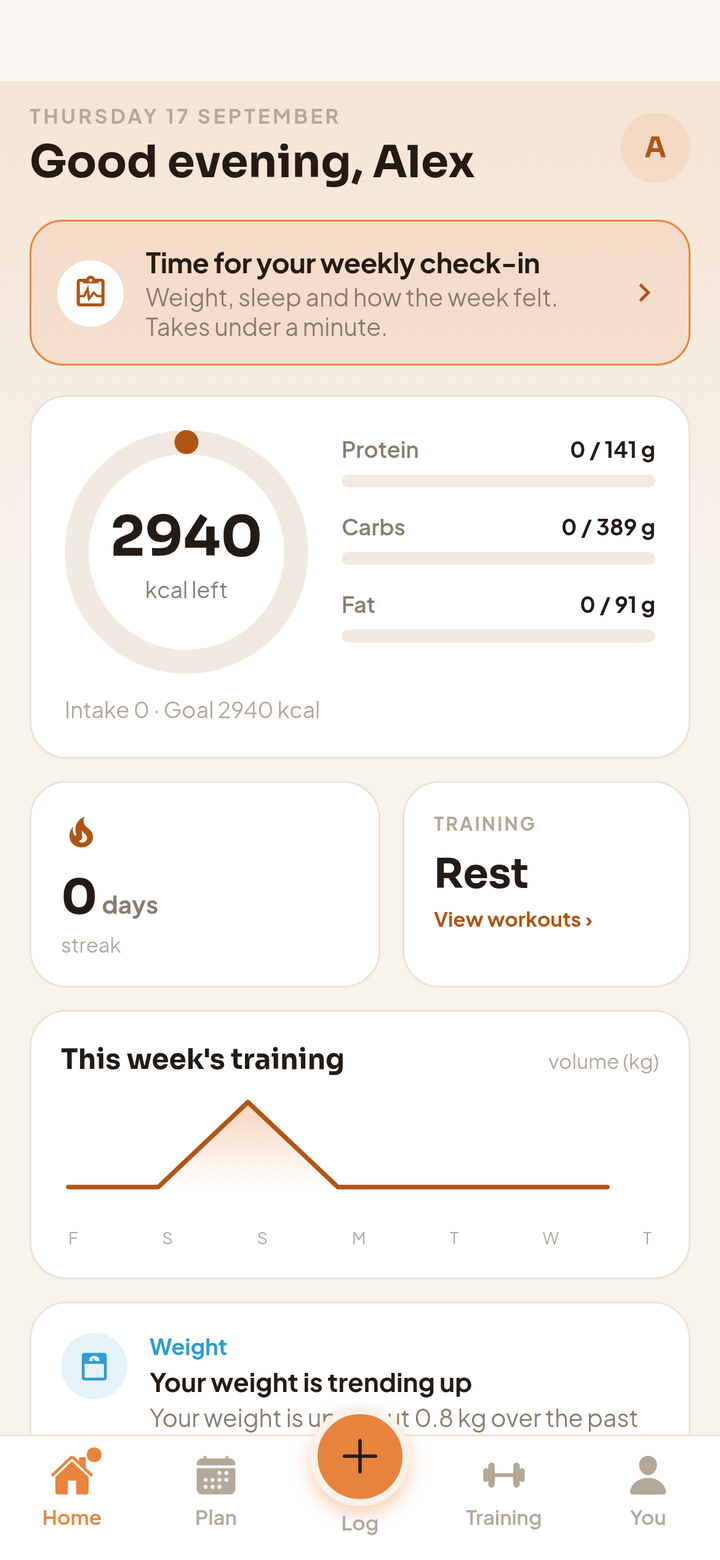 The home screen: calories left, macros and the day’s training