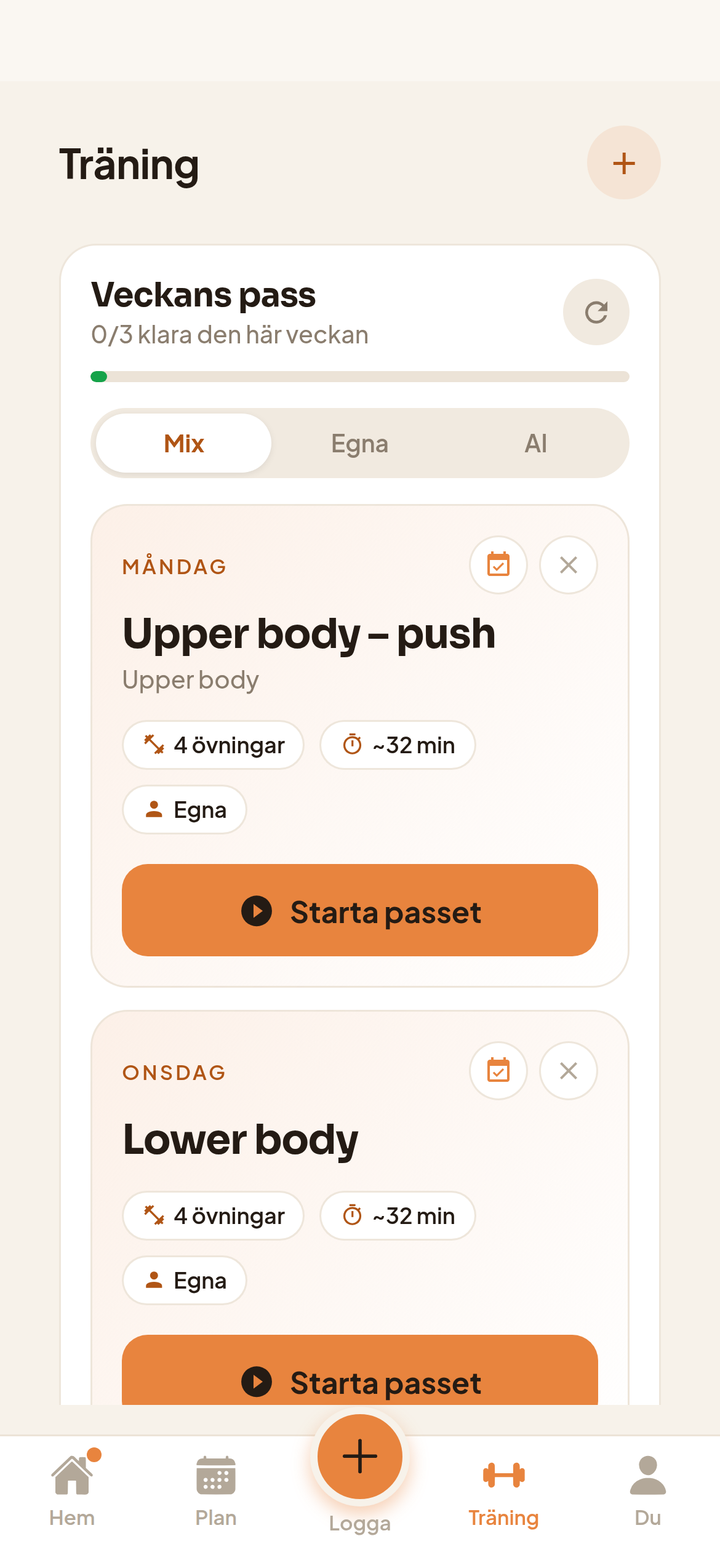 Ett pass igång med set, vikter och reps